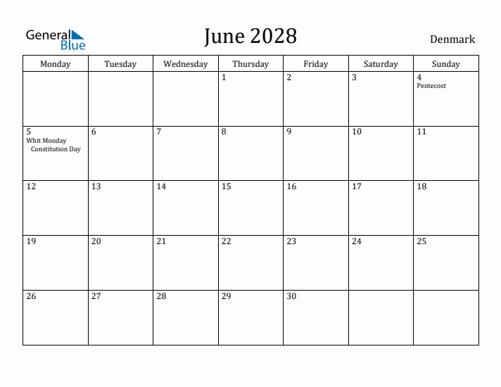 June 2028 Calendar Denmark