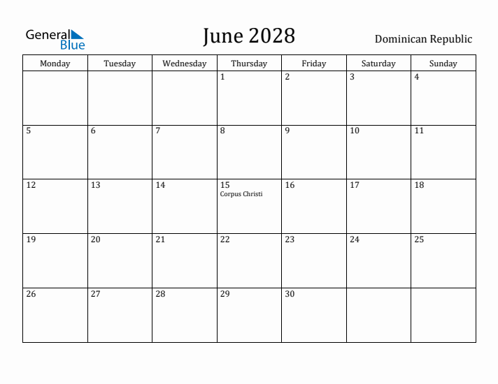 June 2028 Calendar Dominican Republic