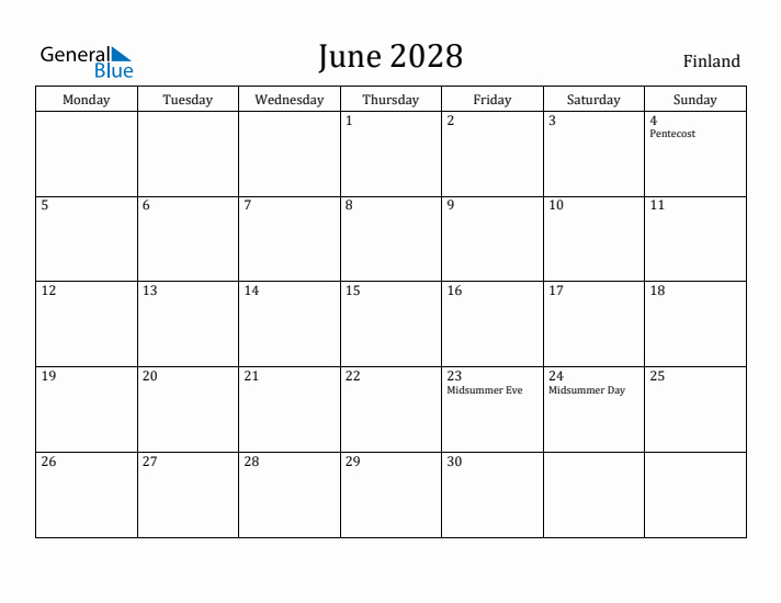 June 2028 Calendar Finland