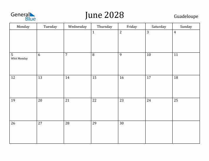 June 2028 Calendar Guadeloupe