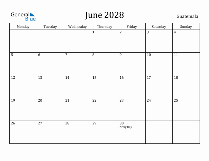 June 2028 Calendar Guatemala