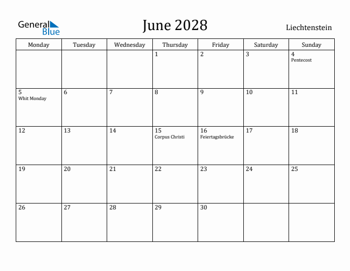 June 2028 Calendar Liechtenstein