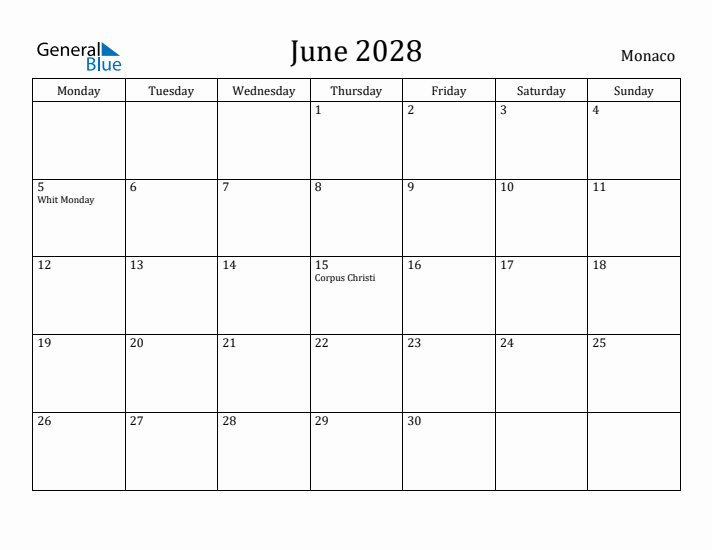 June 2028 Calendar Monaco