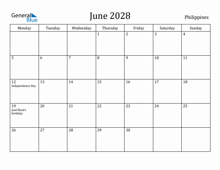 June 2028 Calendar Philippines