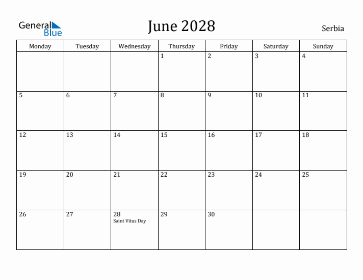 June 2028 Calendar Serbia