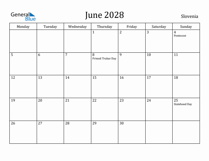 June 2028 Calendar Slovenia