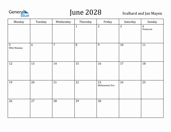 June 2028 Calendar Svalbard and Jan Mayen