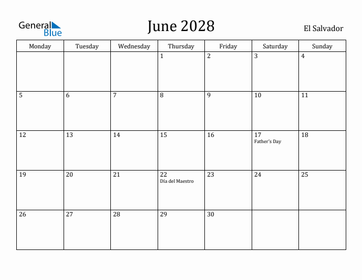 June 2028 Calendar El Salvador