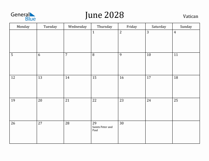 June 2028 Calendar Vatican