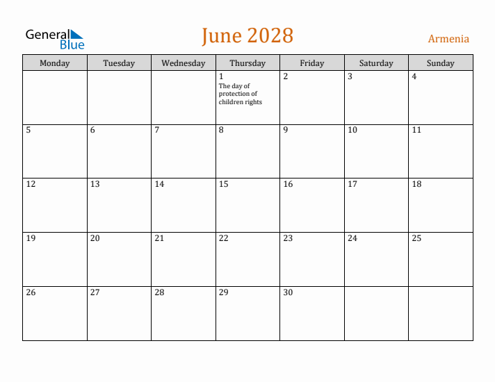 June 2028 Holiday Calendar with Monday Start