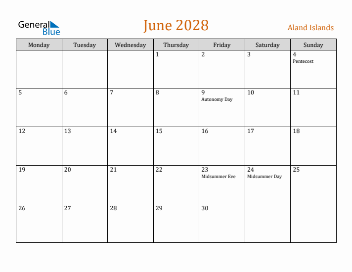 June 2028 Holiday Calendar with Monday Start