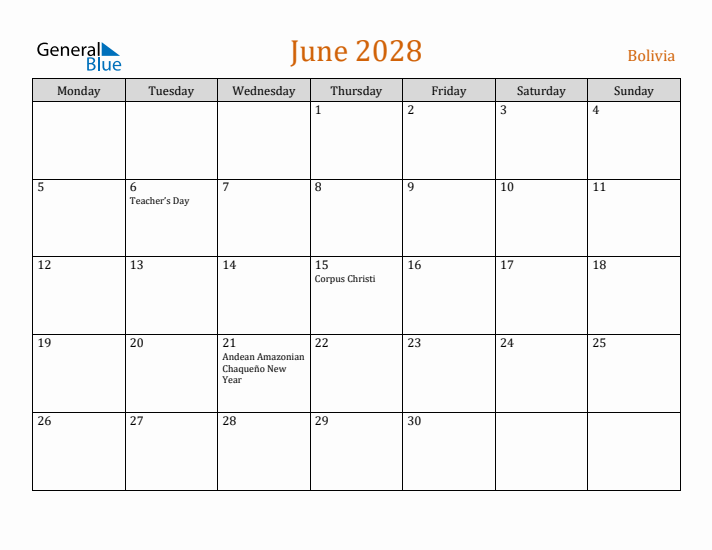 June 2028 Holiday Calendar with Monday Start