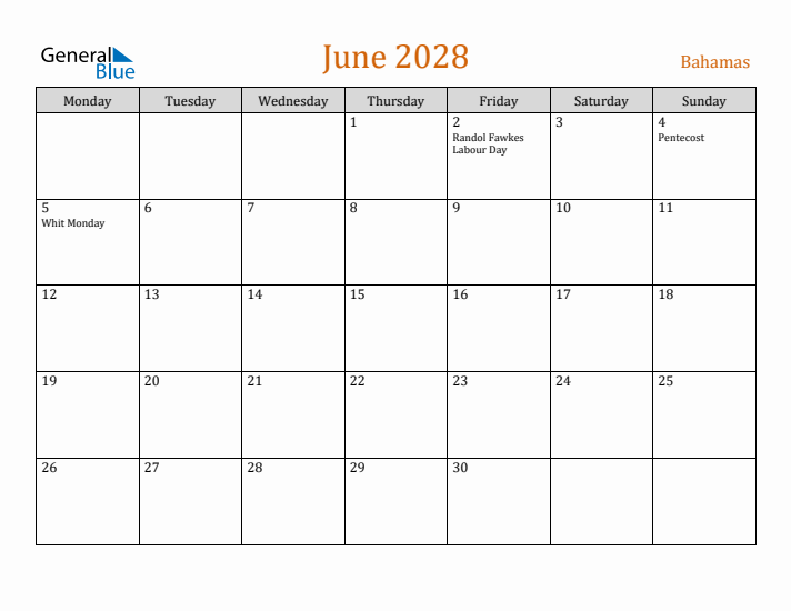 June 2028 Holiday Calendar with Monday Start