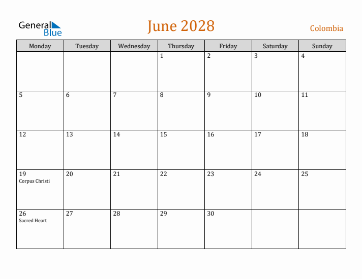 June 2028 Holiday Calendar with Monday Start