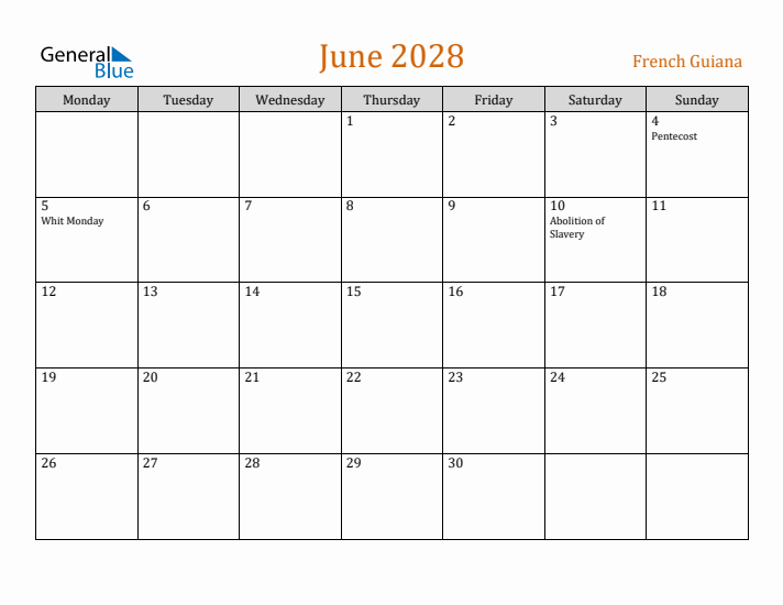 June 2028 Holiday Calendar with Monday Start