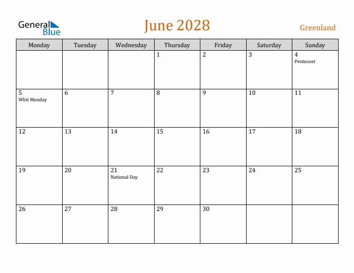 June 2028 Holiday Calendar with Monday Start