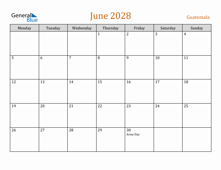 June 2028 Holiday Calendar with Monday Start