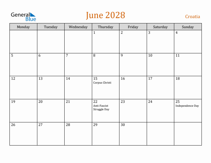 June 2028 Holiday Calendar with Monday Start