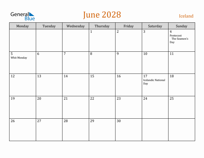 June 2028 Holiday Calendar with Monday Start