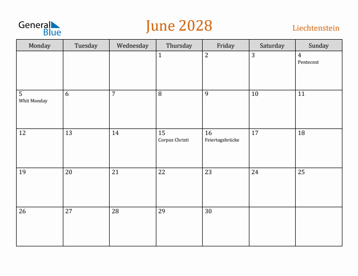 June 2028 Holiday Calendar with Monday Start