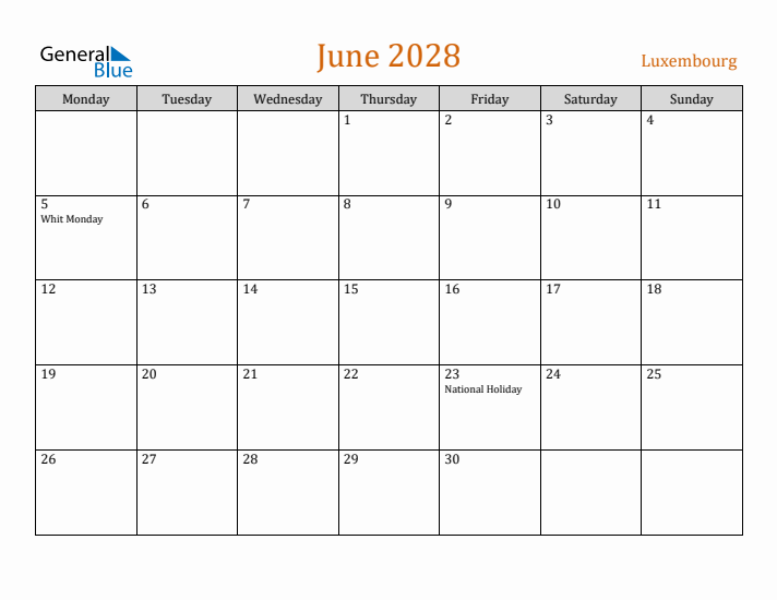 June 2028 Holiday Calendar with Monday Start