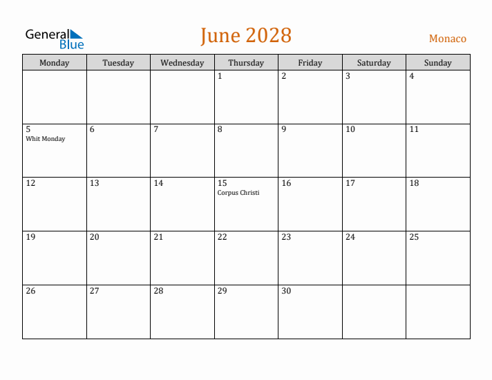 June 2028 Holiday Calendar with Monday Start