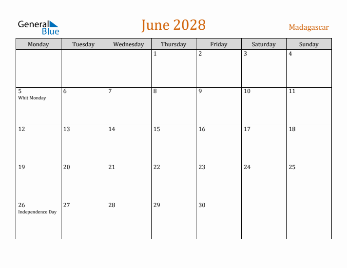 June 2028 Holiday Calendar with Monday Start