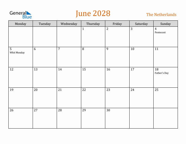 June 2028 Holiday Calendar with Monday Start