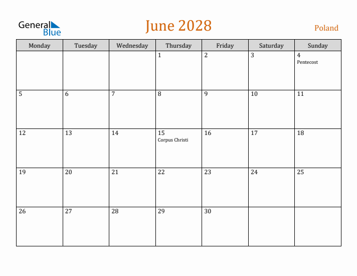 June 2028 Holiday Calendar with Monday Start