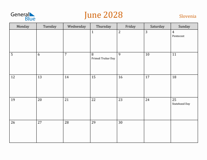 June 2028 Holiday Calendar with Monday Start