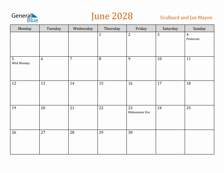 June 2028 Holiday Calendar with Monday Start