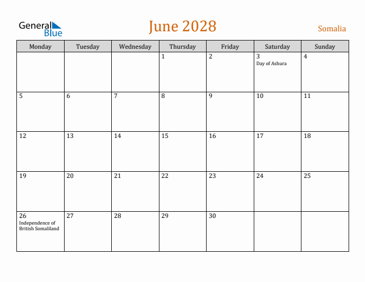 June 2028 Holiday Calendar with Monday Start