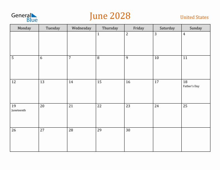 June 2028 Holiday Calendar with Monday Start