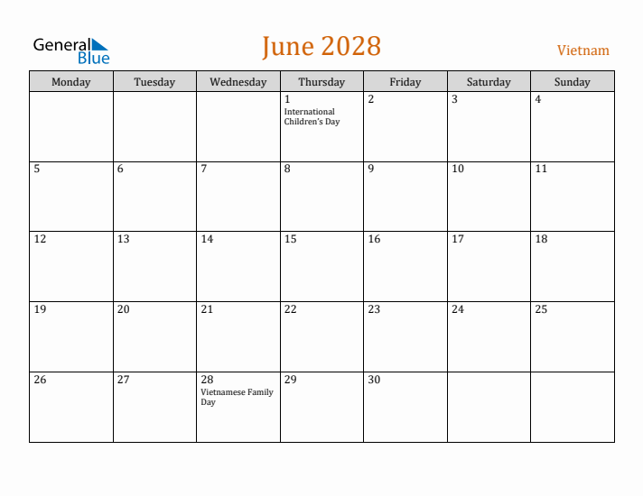 June 2028 Holiday Calendar with Monday Start