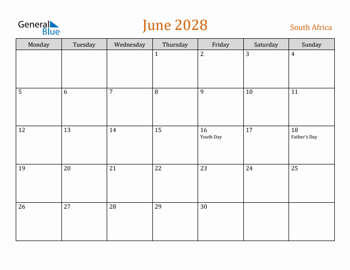 June 2028 Holiday Calendar with Monday Start