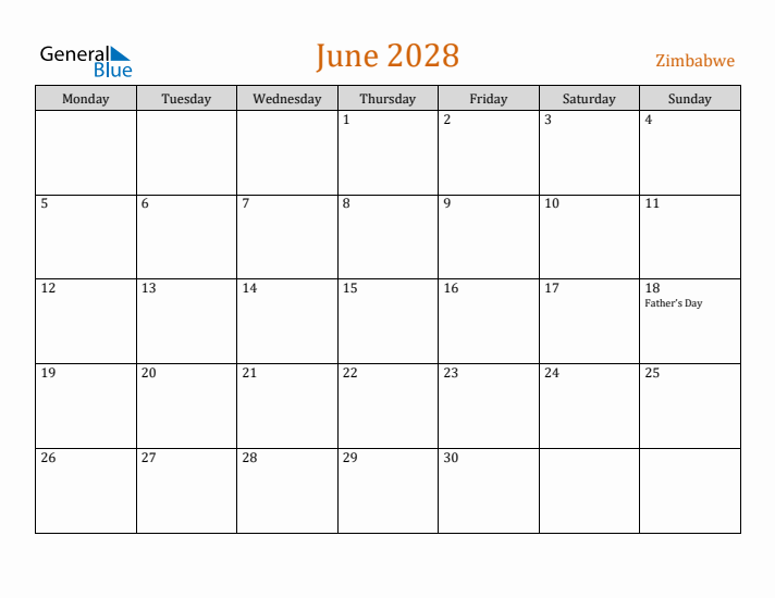 June 2028 Holiday Calendar with Monday Start