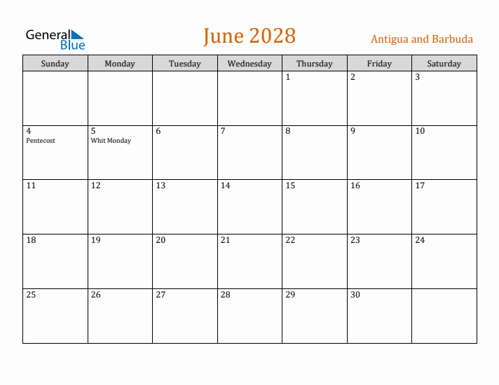 June 2028 Holiday Calendar with Sunday Start