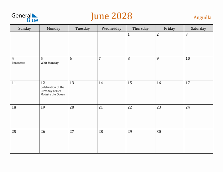 June 2028 Holiday Calendar with Sunday Start