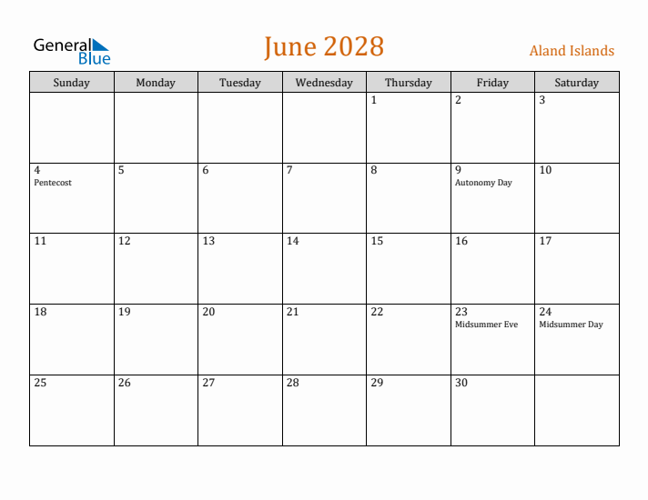 June 2028 Holiday Calendar with Sunday Start