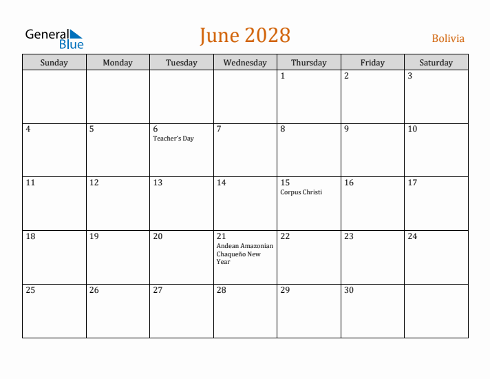 June 2028 Holiday Calendar with Sunday Start