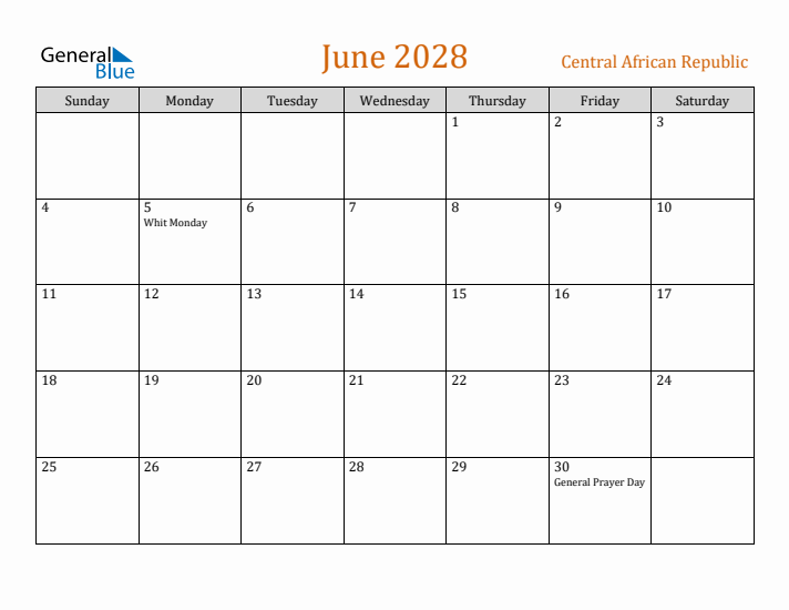 June 2028 Holiday Calendar with Sunday Start