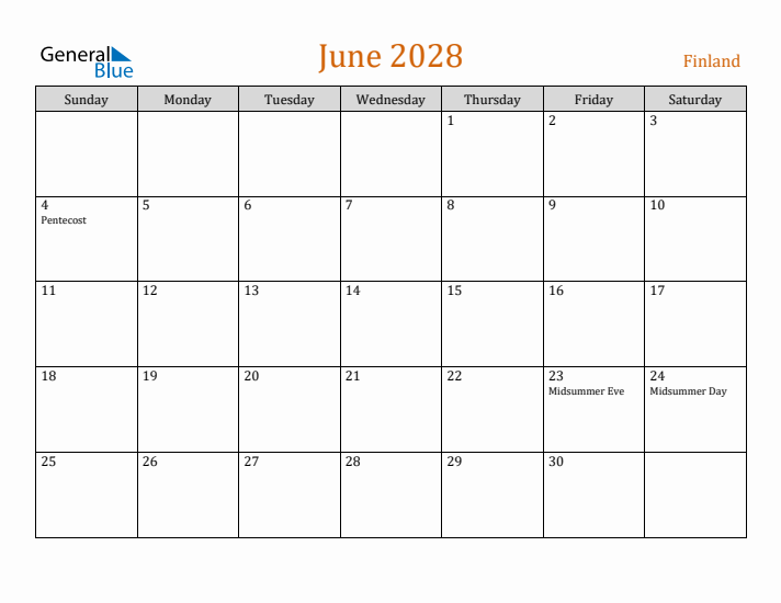 June 2028 Holiday Calendar with Sunday Start