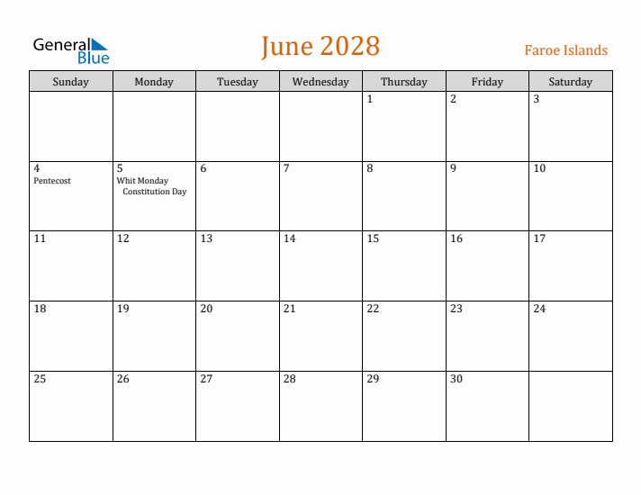 June 2028 Holiday Calendar with Sunday Start