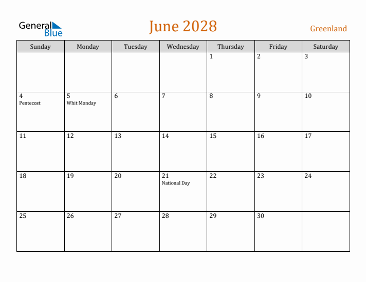 June 2028 Holiday Calendar with Sunday Start