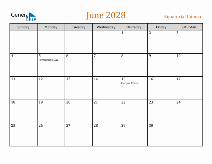 June 2028 Holiday Calendar with Sunday Start