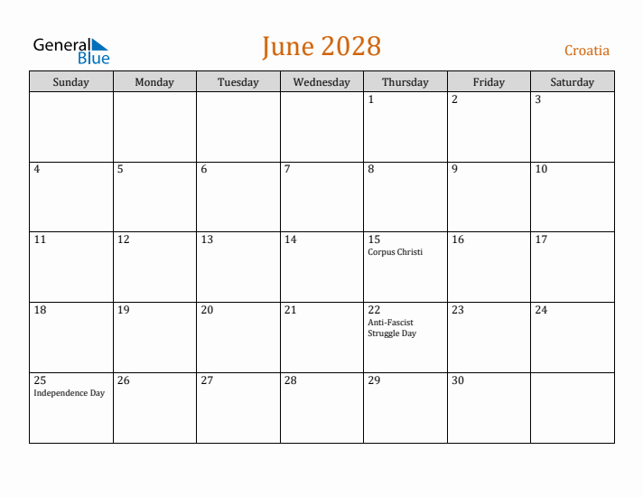 June 2028 Holiday Calendar with Sunday Start