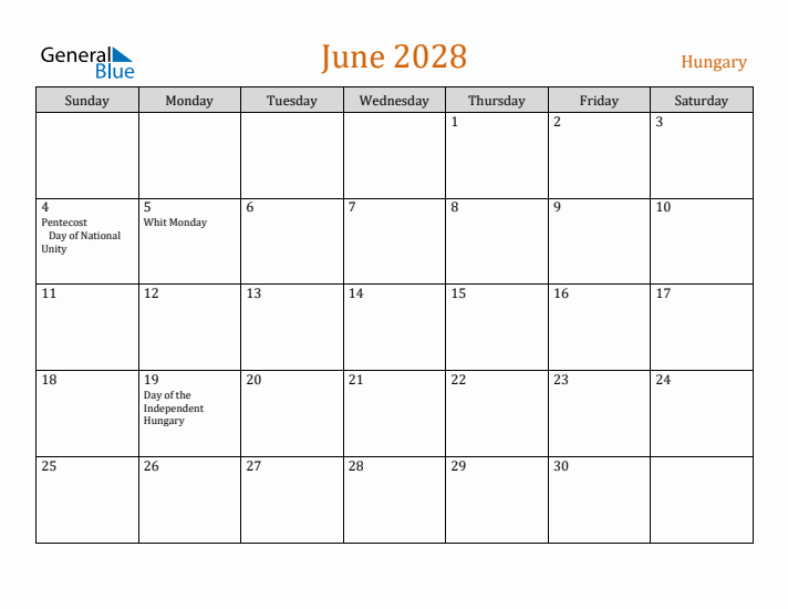 June 2028 Holiday Calendar with Sunday Start