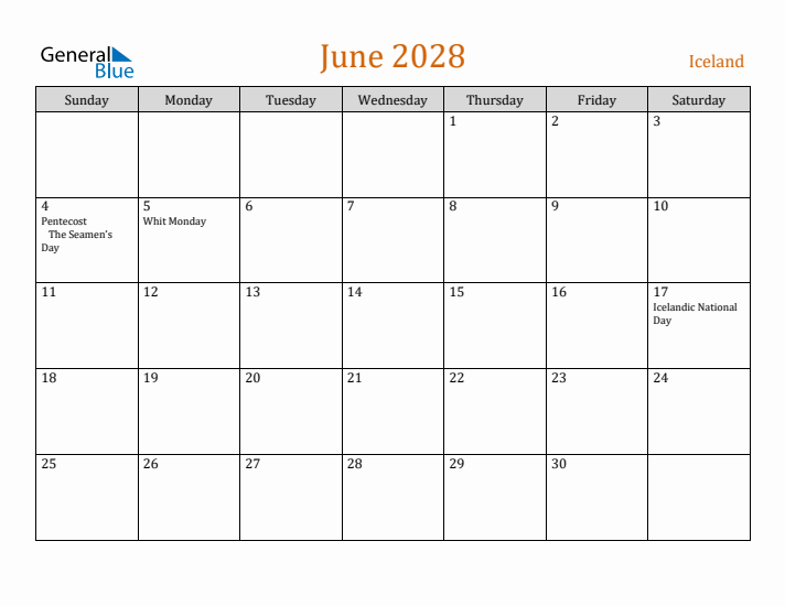 June 2028 Holiday Calendar with Sunday Start