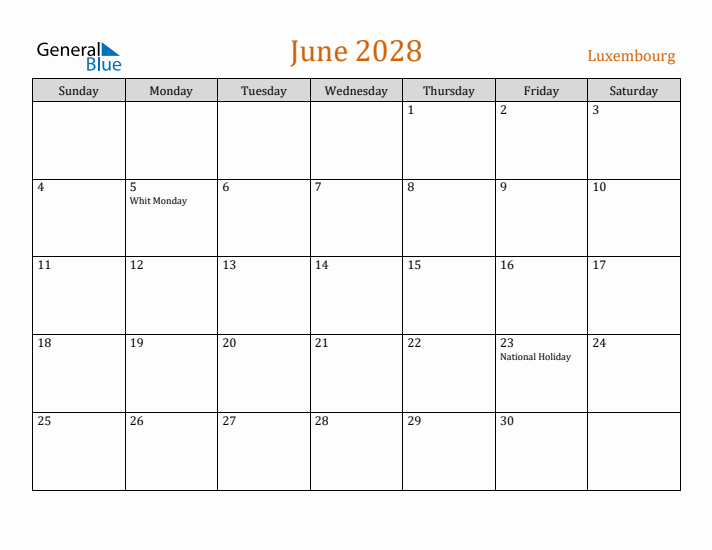 June 2028 Holiday Calendar with Sunday Start