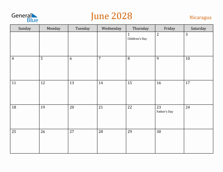 June 2028 Holiday Calendar with Sunday Start